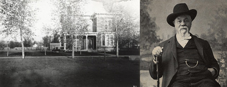 Historical photos of building and man wearing a hat