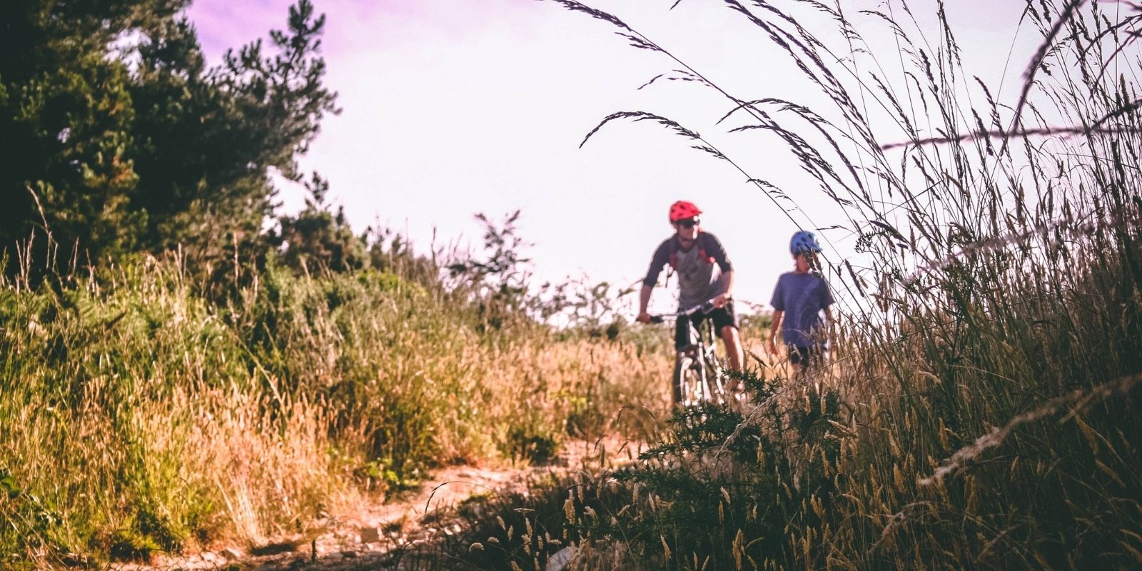 Father and son stopped on a mountain biking trail
